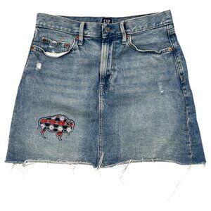 Gap Womens Mini Denim Jean Skirt Southwestern Embroidered Bison Sz 4 Boho Upcycl
